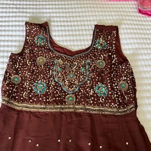 Brown anarkali with gold and blue bead embroidery